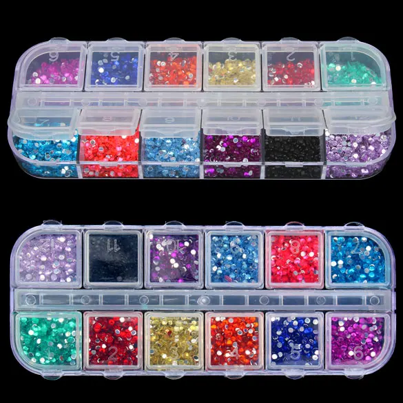 New Mix 12 Color 2mm Circle Beads Nail Art Tips Rhinestones Glitters Acrylic UV Gel Gems Decoration with Hard Case