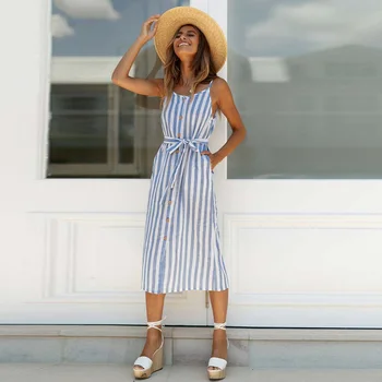 

Striped Single Row Buttons Knee Length Spaghetti Strap Dresses Woman Summer Casual Tunic Vestidos with Sashes Elegant Sundress