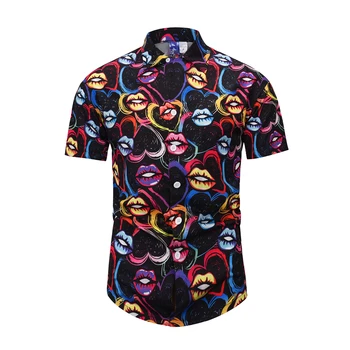 

Men Loose Hip Hop Shirt Harajuku Mouth heart Printed short sleeve Top Hawaiian Shirt Casual Couple Hawaiian Beach chemise homme