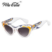 WHO CUTIE, толстые солнцезащитные очки кошачий глаз, женские, брендовые, дизайнерские, уникальный узор, оправа, Ретро стиль, кошачий глаз, солнцезащитные очки, оттенки OM720