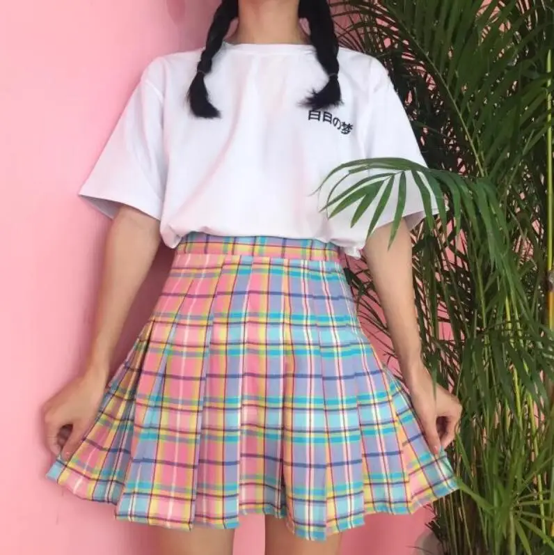 Новинка! Радужная клетчатая юбка женская Kawaii Harajuku мини плиссированная Корейская