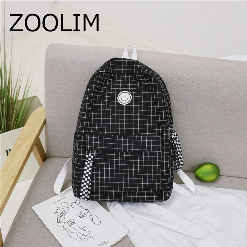 XIDIONE Harajuku breve rejilla Mochila blanco negro mujeres viaje cinta sonrisa Mochila estudiantes lienzo doble bolso de hombro