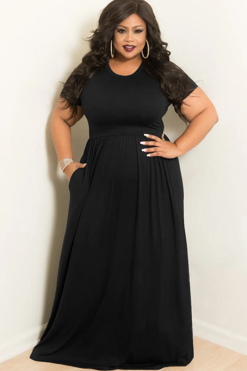 

2018 Plus Size Fashion new style O-Neck Short Sleeve Floor Length Sexy Party Cotton Backless Pockets Dress 5Colors