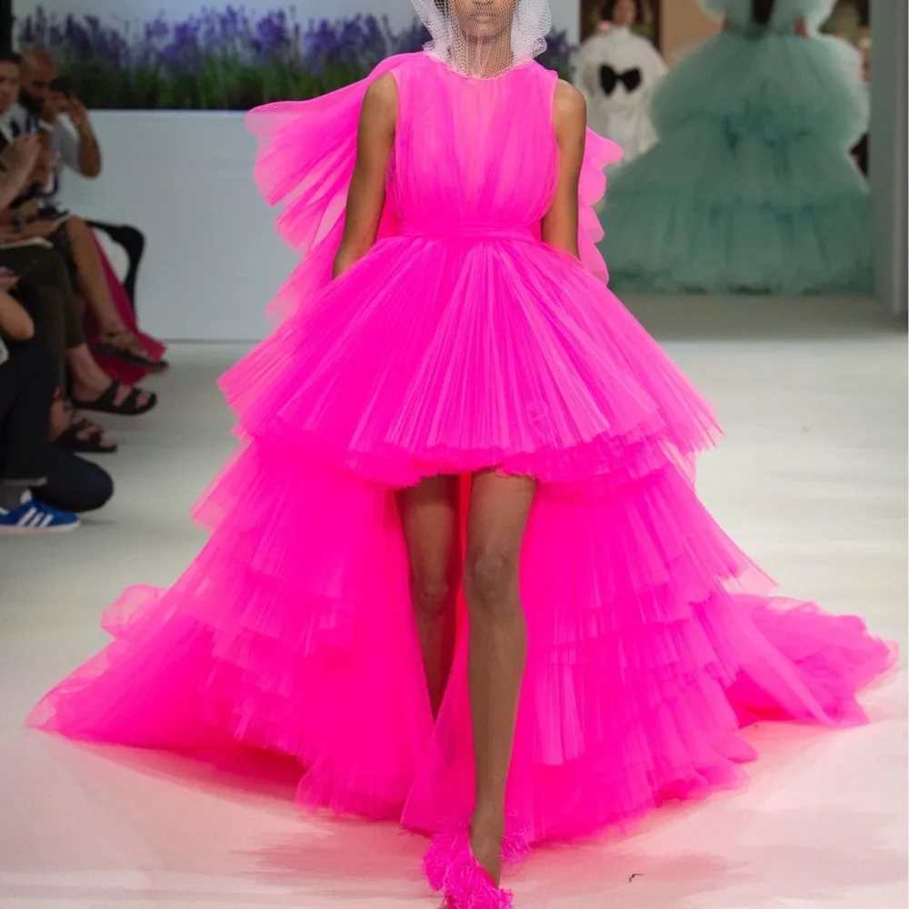 2019 Hot Pink Ruffles Tutu High Low Prom Gowns O neck Ruffles Tiered