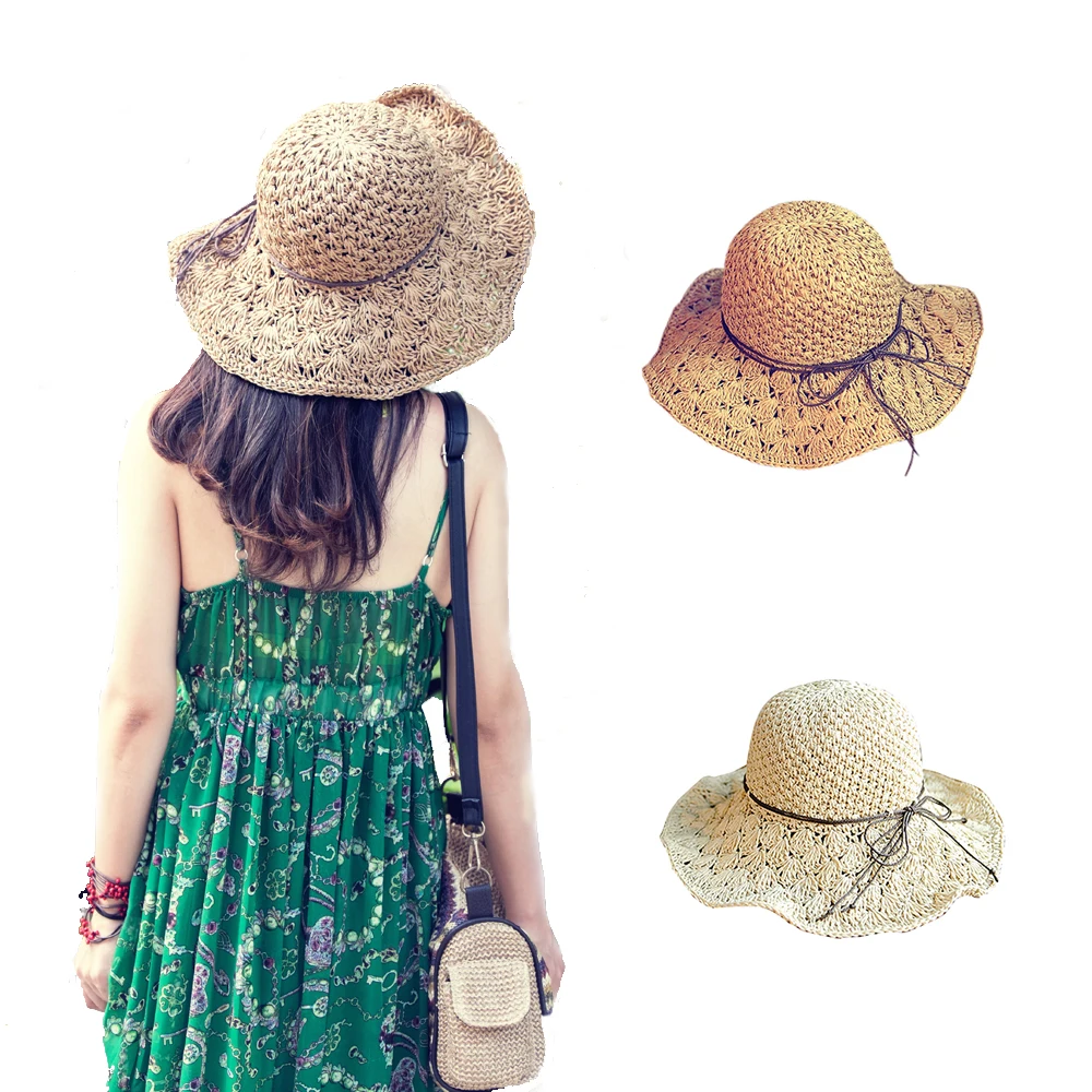 Spring Summer Sun Hats For Woman Hollow Out Beach Seaside Sun Hats With Big Heads Bowknot