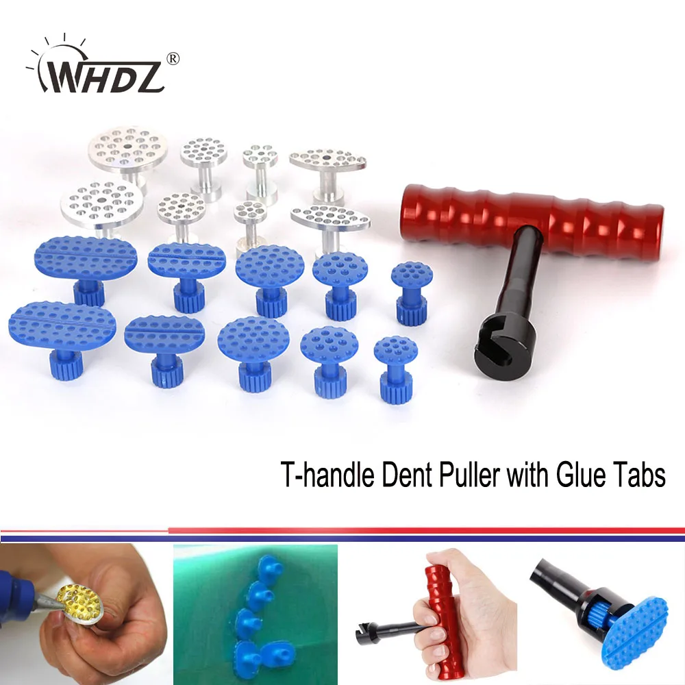 

WHDZ PDR Glue Puller T-handle Dent Puller with 10 pcs Plastic Puller Tabs 8 pcs Aluminum Glue Tabs for Paintless Dent Repair