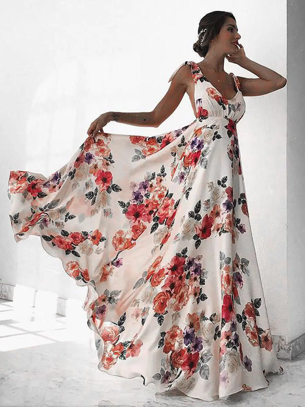 Летнее Длинное платье с цветочным принтом, богемное пляжное платье, туника, макси платье, женское вечернее платье с v-образным вырезом, бандажный сарафан, Vestidos de festa