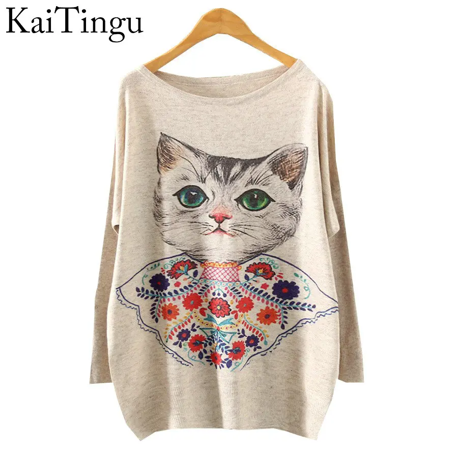 

2016 New Fashion Autumn Women Long Batwing Sleeve Animal Print Warm Sweater Loose Blouse Jumper Pullover Knitted Knitwear Tops