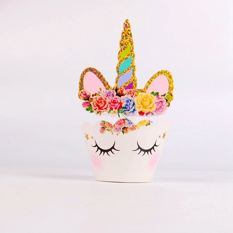 

24pcs/lot Bronzing smile unicorn Cupcake Wrappers Toppers Kids Party Birthday Decoration Cake Cups(12 wraps+12 topper)