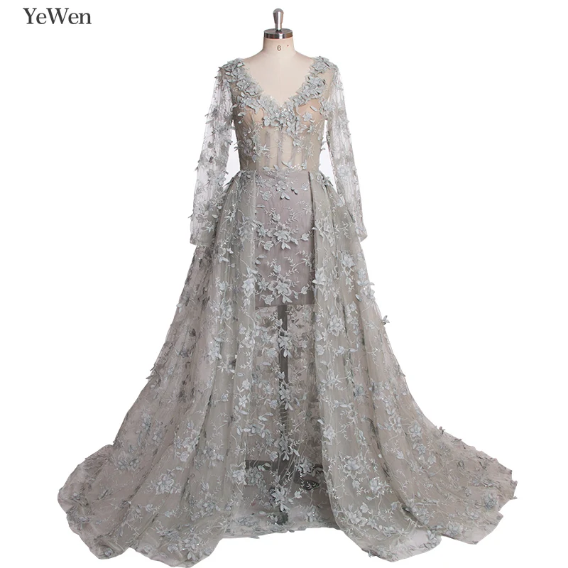 YeWen Muslim Evening dress Long Sleeves Lace Evening Dresses 2019 New Flowers Lace Appliques V-Neck Pearls Fashion Prom Gowns YeWen Muslim Evening dress Long Sleeves Lace Evening Dresses 2019 New Flowers Lace Appliques V-Neck Pearls Fashion Prom Gowns