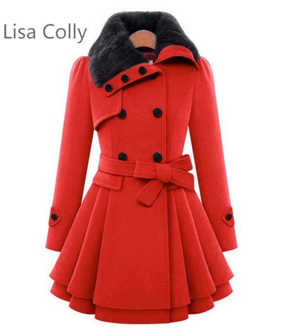 Lisa Colly модное женское осеннее зимнее теплое шерстяное пальто Верхняя одежда средней длины с меховым воротником Повседневная Толстая куртка пальто