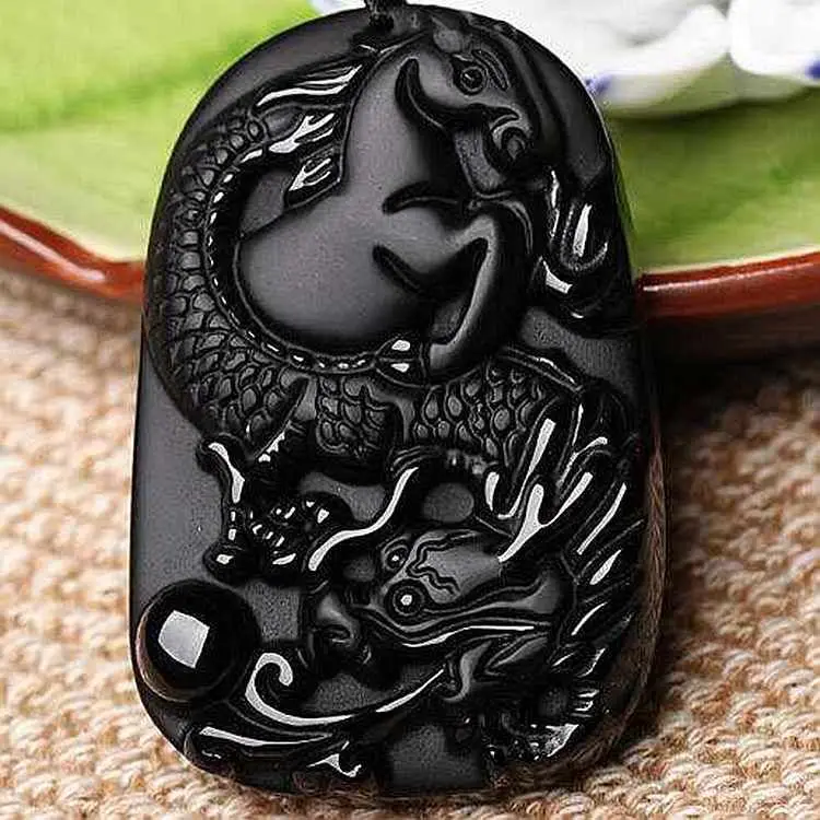 Natural High Quality Black Obsidian Pendant Fine Carving Chinese Dragon