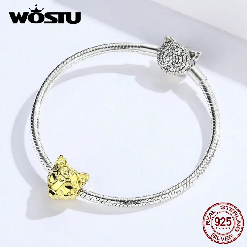 WOSTU, золотые леопардовые бусы, 925 пробы, Silve, животный Шарм, подходит для оригинального браслета, кулон для женщин, модное ювелирное изделие CQC1252