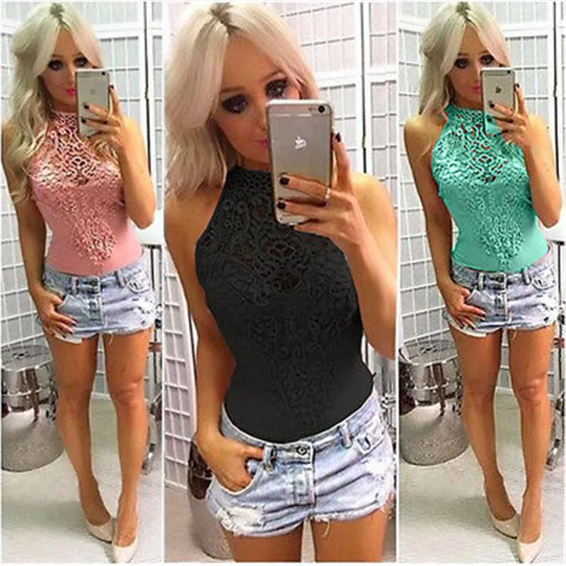 Sexy Fashion Hot Ladies Women Sleeveless Bodysuit Lace Halter Solid Playsuit Romper Leotard Body Tops Jumpsuit Clubwear Hot Sell Body