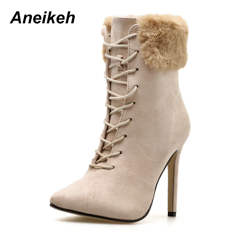 Goede Aneikeh Vrouwen Enkellaars Flock Lente Herfst Puntschoen Lace Up Dunne Hoge Hakken Schoenen Sexy Mode Rijden Erzoek laarzen Zwart