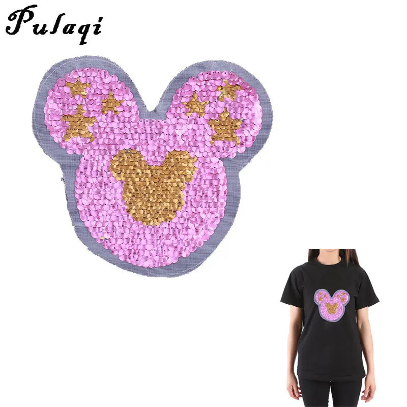 

Pulaqi Sequined Mickey Mouse Patch Iron On Patches For Bag Clothes DIY Sew On Reversible Sequin Applique D
