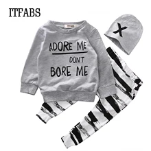 Одежда для новорожденных; для маленьких мальчиков и девочек комплект из 3 предметов, комплект одежды для младенцев футболки с длинными рукавами и надписью топ+ штаны в полоску Шапочка, комплект из 3 предметов Комплекты одежды