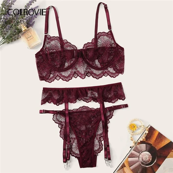 COLROVIE Burgundy Floral Lace Garter Sexy Lingerie Set Women Intimates 2019 Underwire Transparent Bra And Thongs Underwear Set contrast lace floral lingerie set