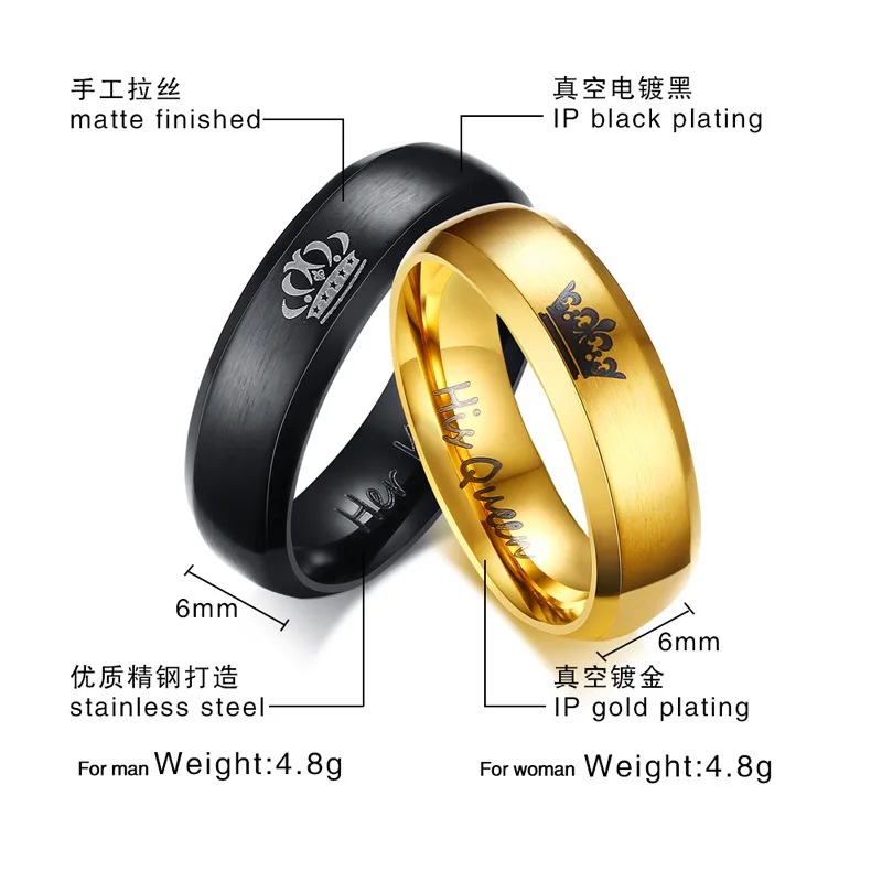 Best (10pcs) Fashion DIY Her King and His Queen Gold Black Stainless Steel Wedding Rings for Women Men Couple