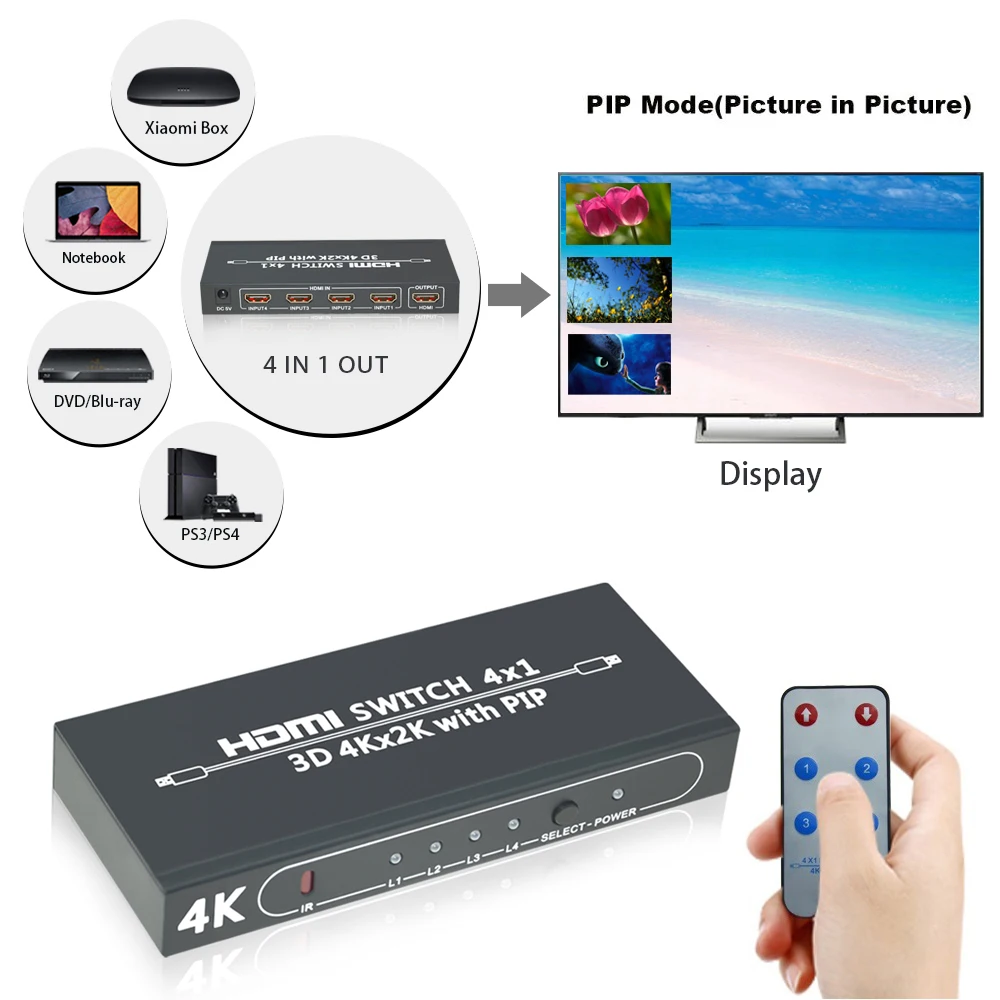 Переключатель Aikexin 4 порта 4x1 HDMI Ultra HD 4K 1 в выход переключатель с ИК управлением PIP