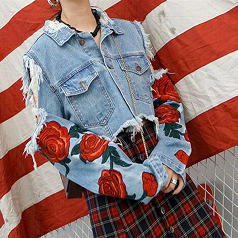 Rugod Rose Embroidery Denim Jacket For Women Coat Autumn Ripped Hole
