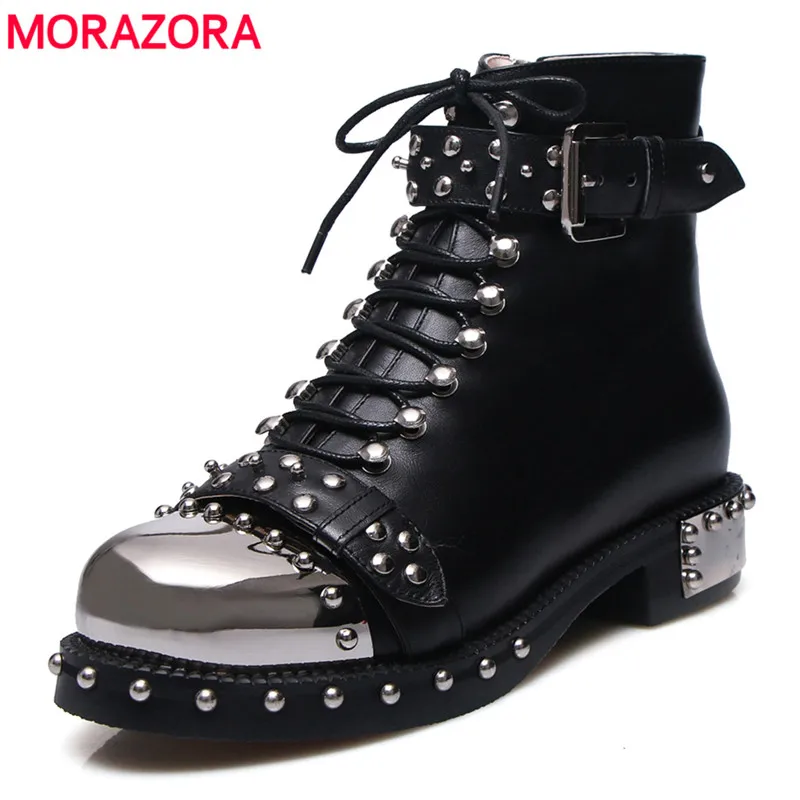 MORAZORA/ бренд с заклепками сапоги панк до лодыжек для женщин на осень-зиму Оригинальные кожаные женские ботинки Высококачественные мотоботы обувь