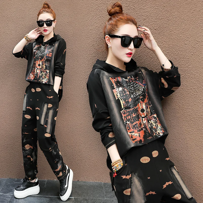 

Spring suits women hip hop 2 piece sets personality printing ladies suits trend Sportsuits hooded big size loose female set 2pcs