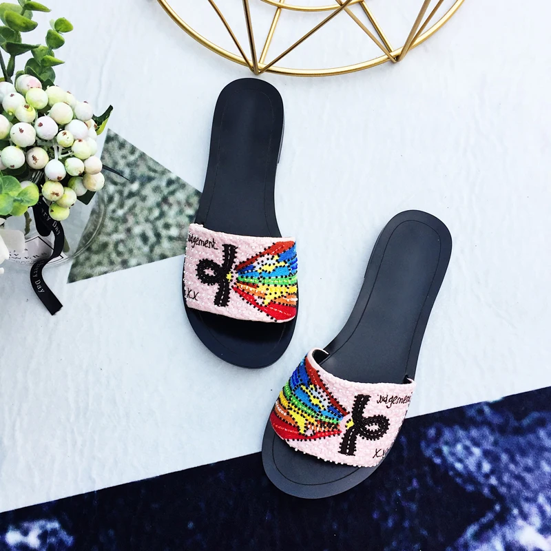 

Woman Slipper Open Toe Rainbow Color Decor Embroidered Woman Summer Beach Shoes Woman Flats Hot Women Slides Chic Lady Shoes