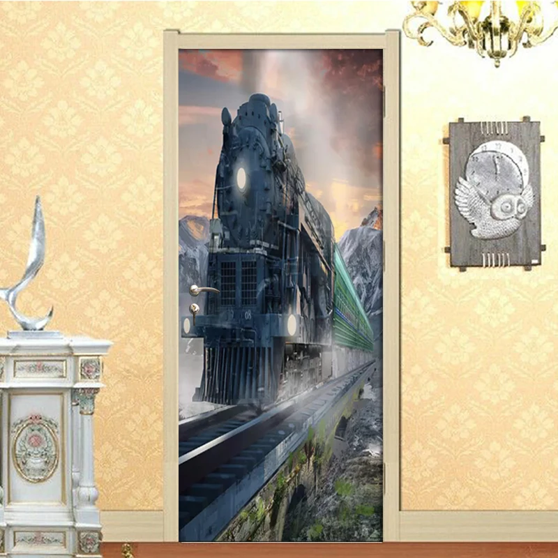 

3D Steam Train Photo Wallpaper Door Stickers Living Room Bedroom Home Decor Door Mural PVC Self Adhesive Waterproof Wall Sticker