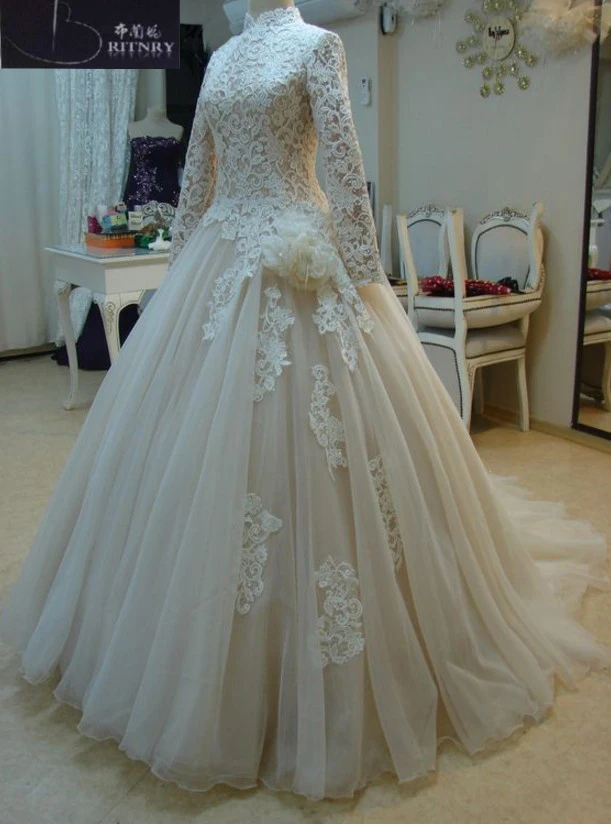 Vestido-De-Noiva-Champagne-Arabic-Islamic-Muslim-Wedding-Dresses-Long-Sleeves-High-Neck-Lace-Ball-Gown