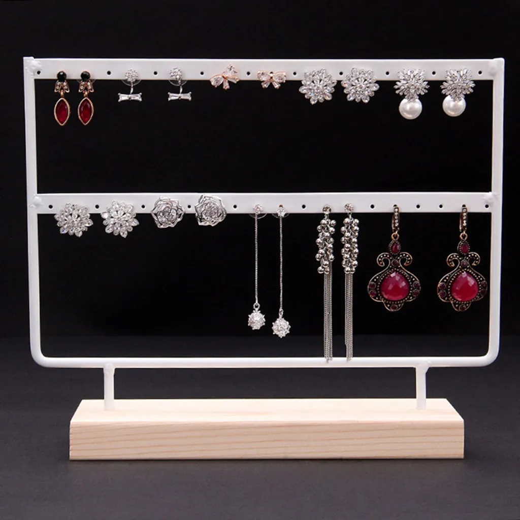 

2019 New Wood Base Metal Jewelry Holder Display Stand Dangle Earrings Hanging 44 Holes Beautiful Jewelry Display Stand Hot Sale