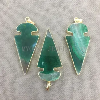 

MY0311 Green Arrow Shape Lace Onyx Dragon Pendant,Agates Pendant Charm with Gold Color Edge for Necklace