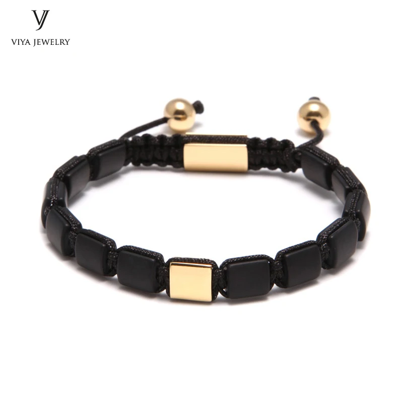 

2016 OEM Fashion Men Beads Jewelry Black Square Beads DIY Adjustable Braiding Bracelet 8mm Square Beads Charm Macrame Bracelets