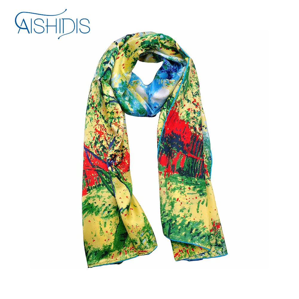 

2017 New Women Silk Scarf Flower Design Casual Silk Scarves Long Wrap Pashmina Van Gogh's "Peach Tree in Bloom"