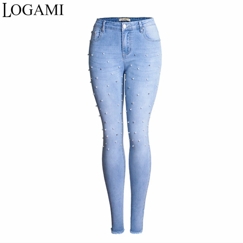 LOGAMI High Waist Jeans With Pearls Woman Slim Pencil Jeans Plus Size Skinny Denim Jeans For