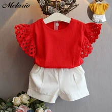 Melario/комплекты одежды для девочек г. Новая летняя детская одежда освежающий топ с ажурными рукавами для девочек+ штаны, комплект из 2 предметов, одежда для детей