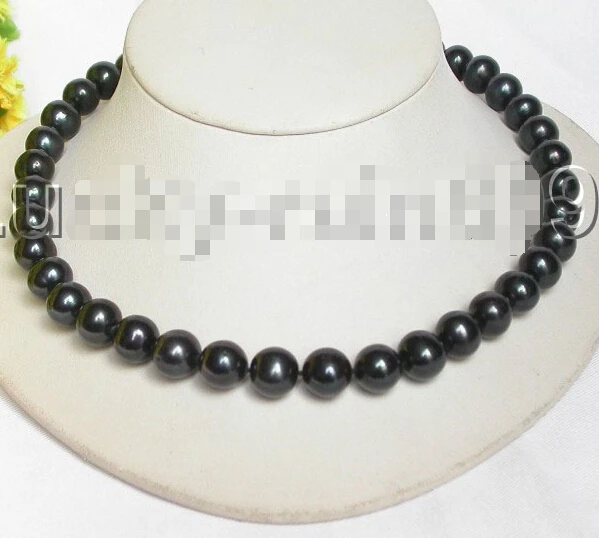 

Beautiful Genuine 12m round dark black pearls necklace 14KGP Gold E1104