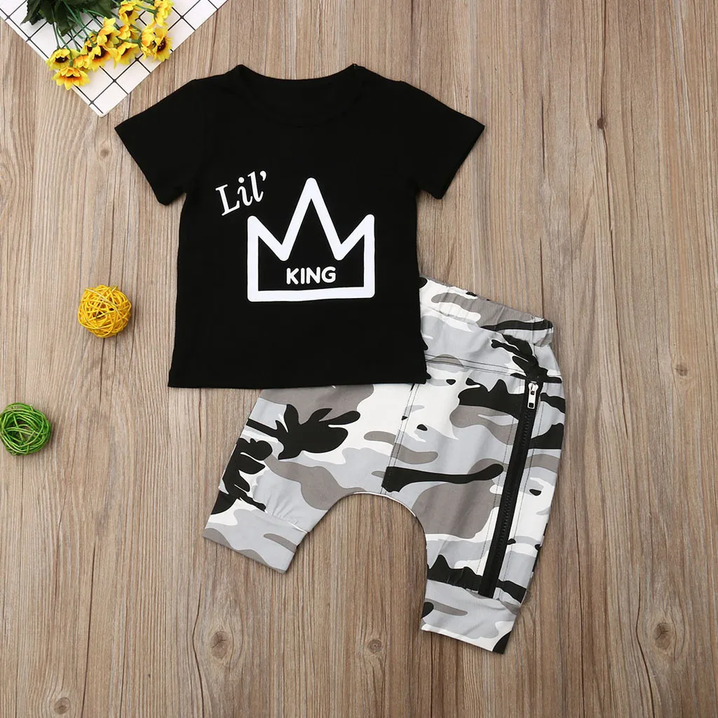 

New Summer Baby Boys Children Clothes Letter Printed O-Neck Short Sleeve T shirt Tops +Camouflage Printed Shorts Outfits Set
