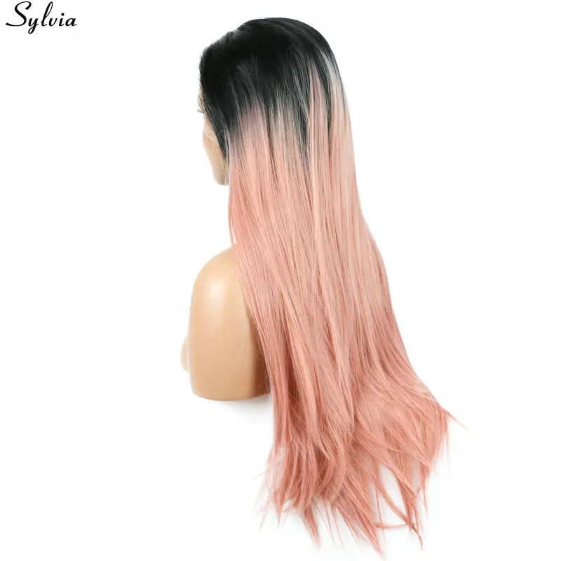 Длинные прямые 1B # черный Ombre розовый парик Пастель два тона Цвет химическое Синтетические волосы на кружеве Парики жаропрочных средняя
