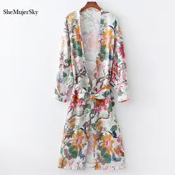 SheMujerSky кимоно mujer 2019 verano для женщин цветочный принт Длинная блузка кардиган с пояса элегантные рубашки