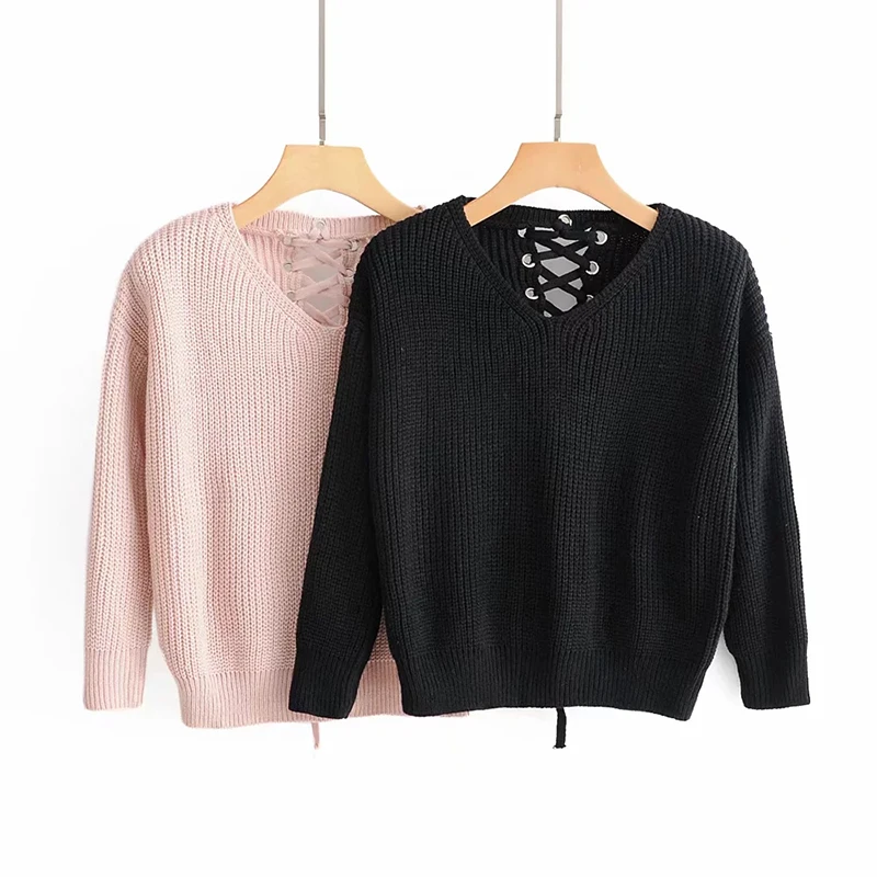 

Women Black Pink Autumn Sweater Female Fashion Back Hollow Lace Up Pullover 2018 Sexy Women-s Knitwear Jumpers pull femme hiver
