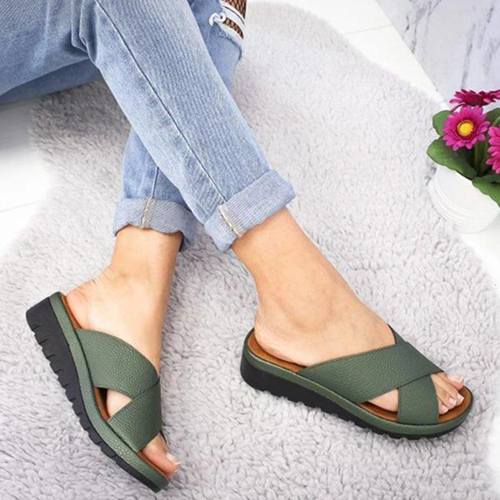 

Adisputent Fashion Ladies Casual Soft Open Toe Foot Correction Slippers Women Leather Shoes Wedge Comfy Platform Flat Slippers