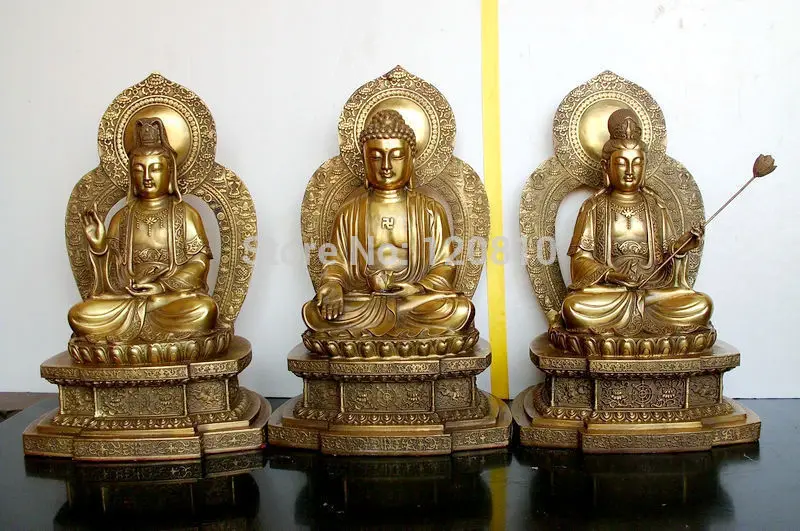 

Tibetan Western Trinity Bronze statue guanyin Amitabha Mahasthamaprapta statue 12inch