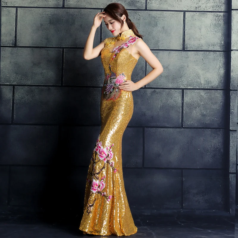 Желтый Cheongsam пикантные длинные Ципао китайское традиционное платье вечернее платье Платья для вечеринок халат orientale классический женское платье