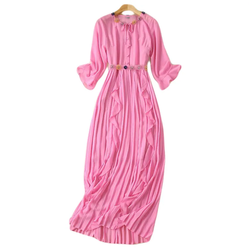 Длинное платье, плиссированное, для подиума, высокое качество, летняя новинка, женская мода, для работы, вечерние, сексуальные, элегантные, шикарные, розовые, шифоновые платья для девочек - Цвет: Красный