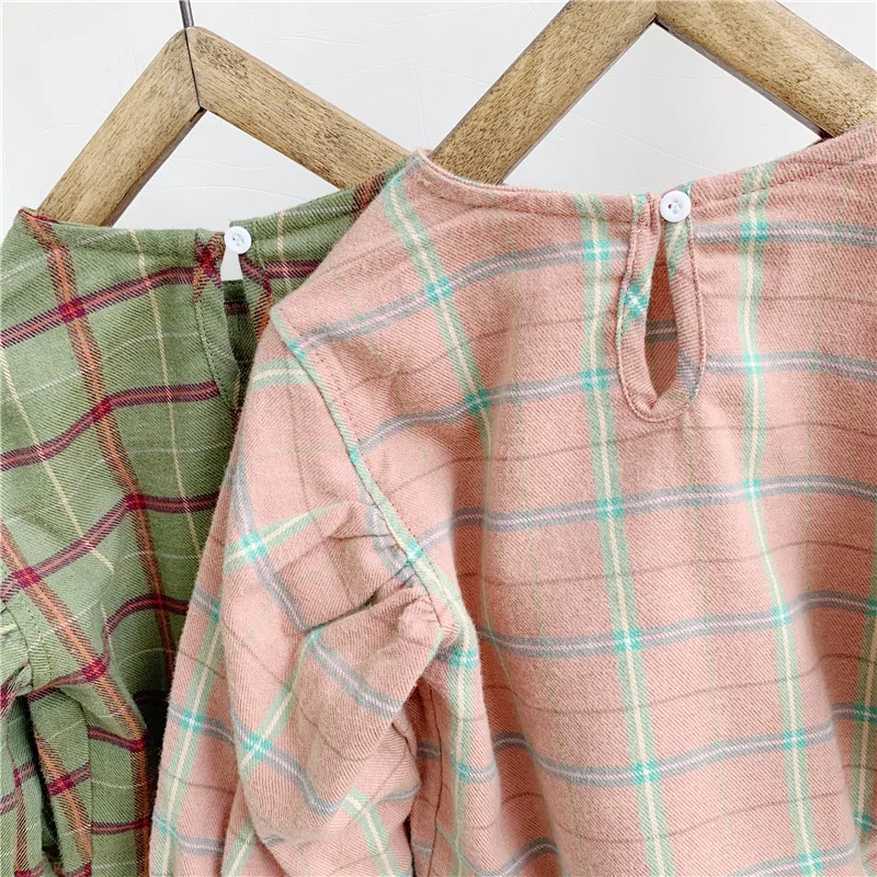 Милая модная клетчатая блузка в Корейском стиле для девочек детские свободные блузки из чистого хлопка с пышными рукавами От 1 до 5 лет