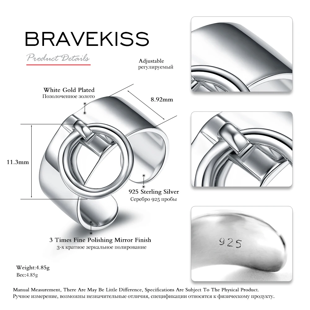 BRAVEKISS Pure 925 Sterling Silver Adjustable Rings For Women Round Circle Charm Dangle Ring Pendant Wide Ring Band BLR0323