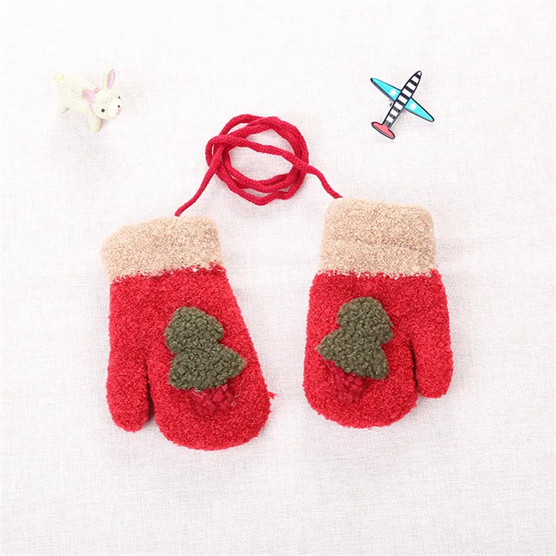 1-3Yea Winter Baby Boy Girl Gloves Thicken Warm Cotton  Full Finger Cute Cartoon Knitting Gloves Infant kids With Sling (1)