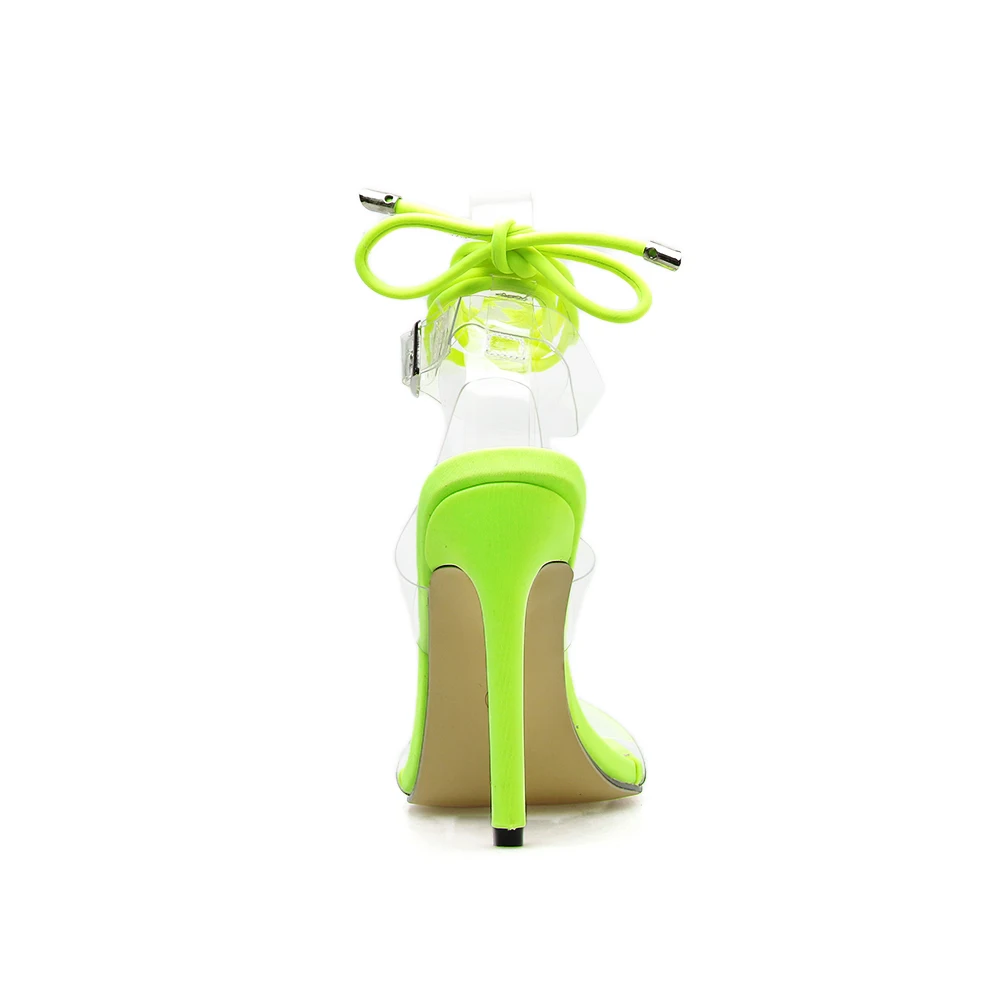 Летние пластмассовые прозрачные сандалии, большие размеры 35-42 женские прозрачные Босоножки с открытым носком на высоком каблуке с зеленым ремешком и открытым носком Pmps 11,5 см
