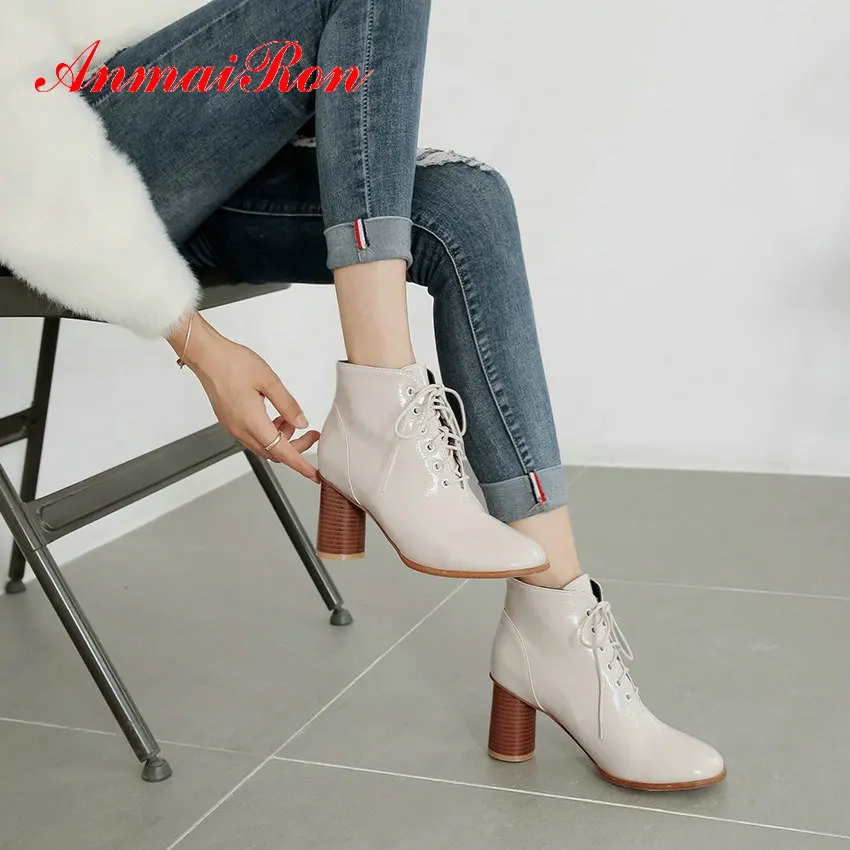

ANMAIRON 2019 Women Shoes Casual PU Lace Up Square Heels Basic Round Toe Boots Women Winter Short Plush Ankle Boots Woman 34-43